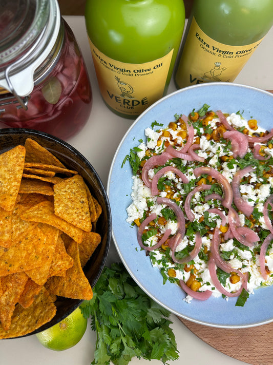 Charred corn dip with feta, lime and coriander